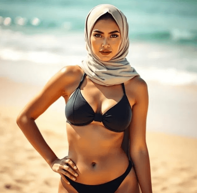 Woman in a black bikini wearing a beige headscarf stands on a sandy beach with the ocean in the background.
